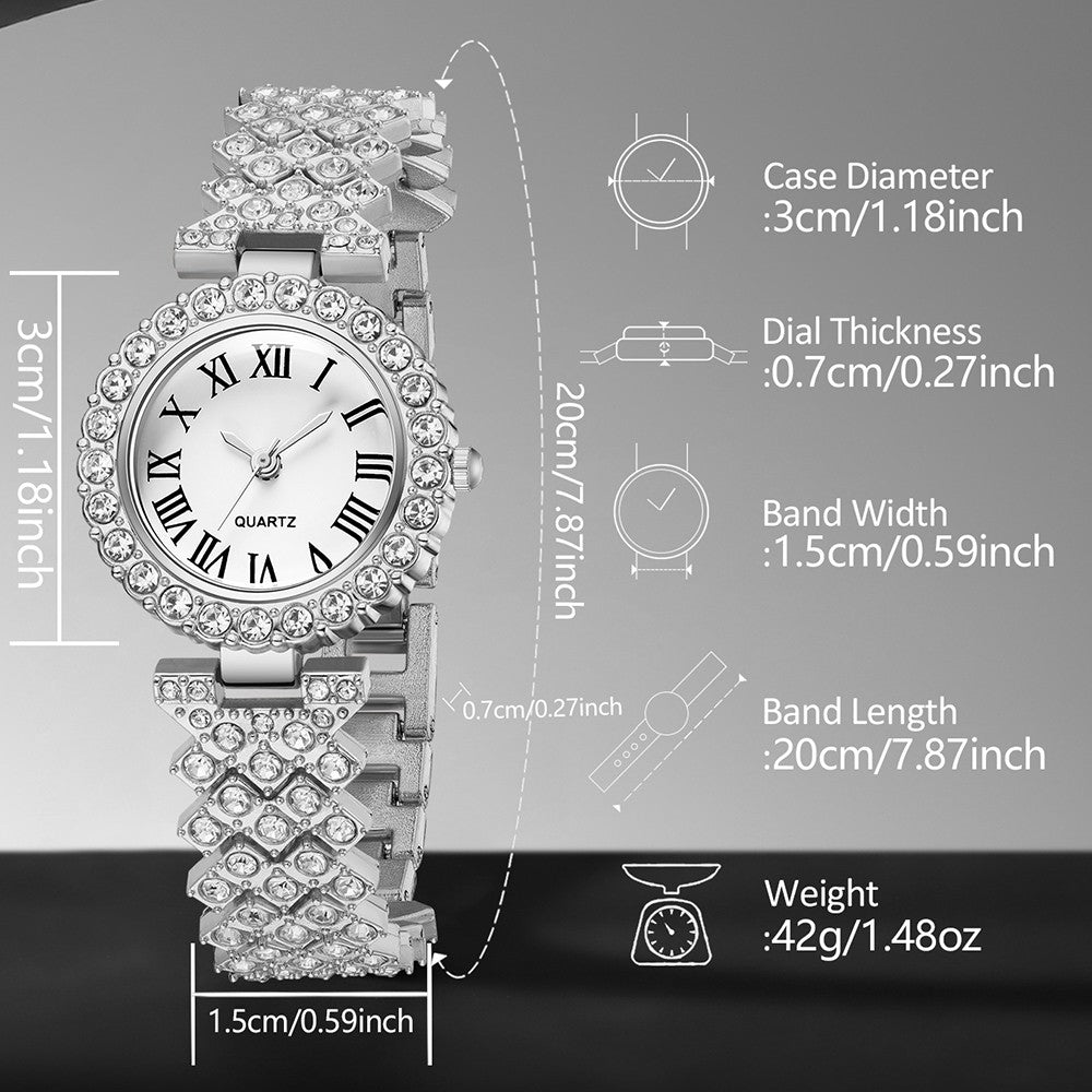 Relógio Feminino Luxo 6 Peças – Kit Prateado Elegante para Negócios e Lazer, Pulseira Ajustável e Acessórios Premium