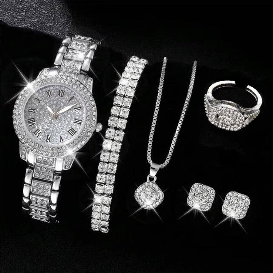 Relógio Feminino Luxo 6 Peças – Kit Prateado Elegante para Negócios e Lazer, Pulseira Ajustável e Acessórios Premium