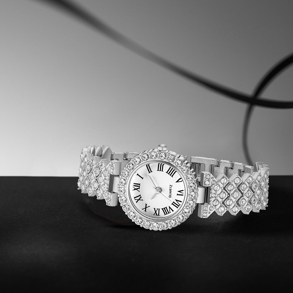 Relógio Feminino Luxo 6 Peças – Kit Prateado Elegante para Negócios e Lazer, Pulseira Ajustável e Acessórios Premium