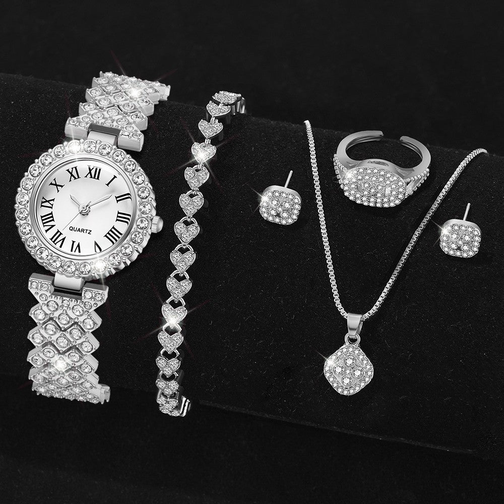 Relógio Feminino Luxo 6 Peças – Kit Prateado Elegante para Negócios e Lazer, Pulseira Ajustável e Acessórios Premium