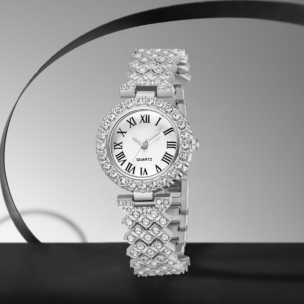 Relógio Feminino Luxo 6 Peças – Kit Prateado Elegante para Negócios e Lazer, Pulseira Ajustável e Acessórios Premium