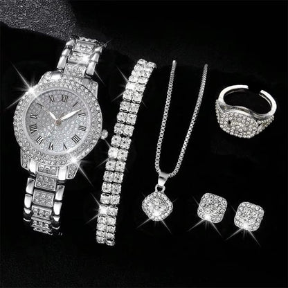 Relógio Feminino Luxo 6 Peças – Kit Prateado Elegante para Negócios e Lazer, Pulseira Ajustável e Acessórios Premium