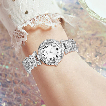 Relógio Feminino Luxo 6 Peças – Kit Prateado Elegante para Negócios e Lazer, Pulseira Ajustável e Acessórios Premium