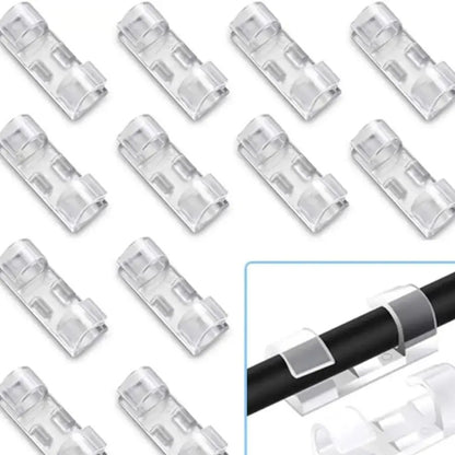 KIT com 100 Clipes Organizadores de Cabos Transparentes Auto-Adesivos