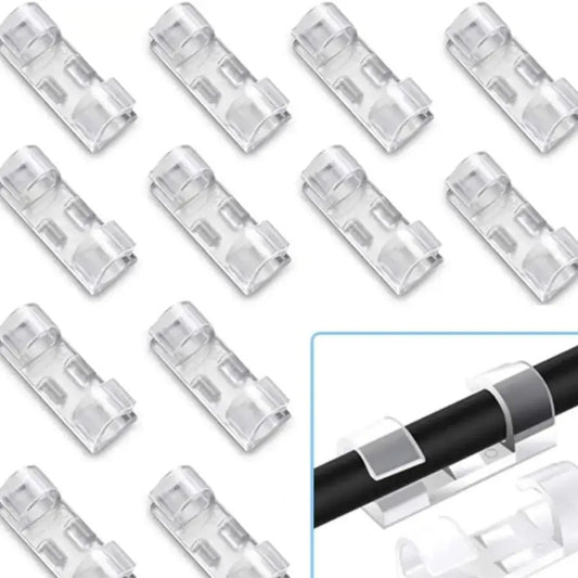 KIT com 100 Clipes Organizadores de Cabos Transparentes Auto-Adesivos